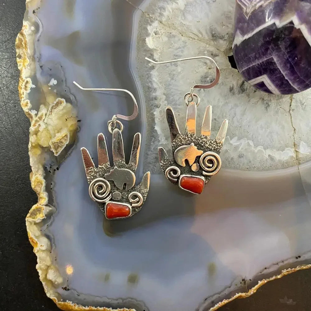 Alex Sanchez Sterling Silver Ancestors Hand Petroglyph W/Coral Dangle Earrings 2 - Picture 2 of 10